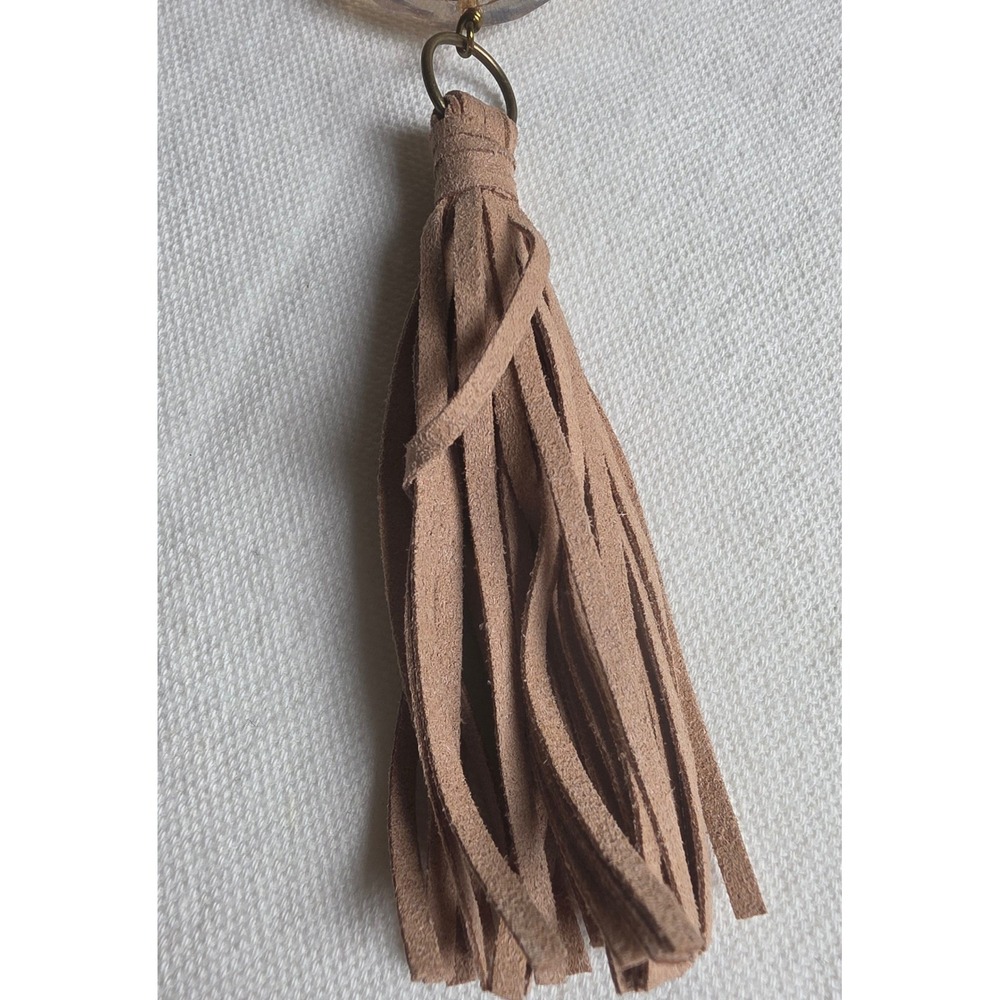 Tan Glass Bead Long Faux Suede Tassel Necklace Boho Neutral 43in - Picture 4 of 5